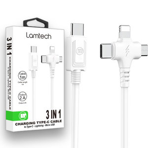 LAMTECH 3 IN 1 CHARGING TYPE-C CABLE TO TYPE-C/LIGHTNING/MICRO USB 1M WHITE