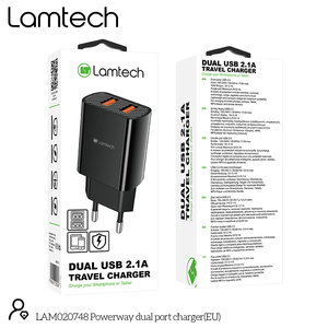 LAMTECH TRAVEL WALL CHARGER 2.1A WITH 2xUSB BLACK