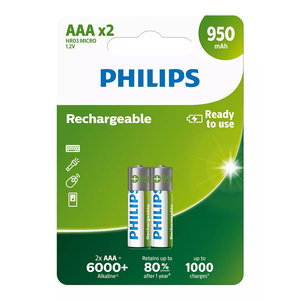 PHILIPS επαναφορτιζόμενη μπαταρία R03B2A95, 950mAh, AAA HR03 Micro, 2τμχ