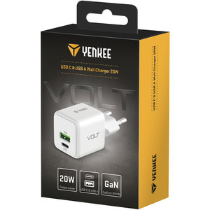 YENKEE YAC G38 VOLT Φορτιστής Dual USB-C/USB-A, 20W/18W Τεχνολογίας GaN με QC 4.0+, PD 3.0, AFC, FCP, Λευκός